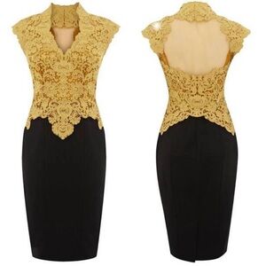 Karen Millen Lace Bodycon Pencil Colorblock Mustard Yellow Gold Black Dress 6